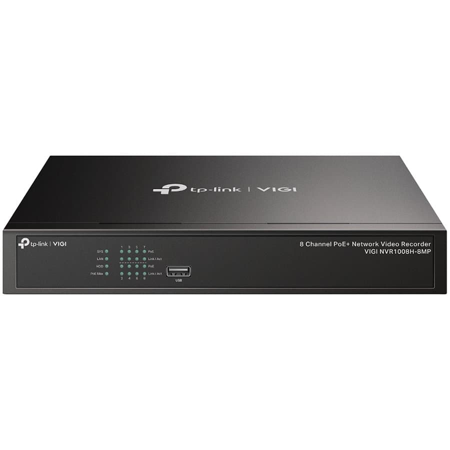 TP-Link VIGI NVR1008H-8MP 8 Channel PoE Network Video Recorder, H.265+/H.265/H.264+/H.264, Up to 8MP resolution,80 Mbps Incoming Bandwidth(up to 8 channels),8×10/100 Mbps PoE+ Ports, PoE Power 113W, 1×SATA Interface(up to 10 TB),2×USB 2.0,1×HDMI