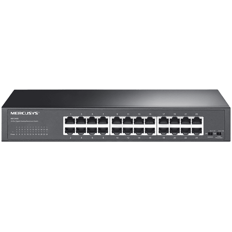 Mercusys MS124GS 24-Port Gigabit Desktop/Rackmount Switch, 24x Gigabit RJ45 Ports, 1U 13-inch Rack-mountable Steel Case, Isolation Mode,Loop Prevention,Plug and Play