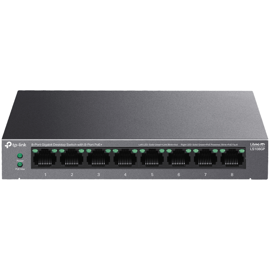 TP-Link LS108GP 8-Port Gigabit Desktop Switch with 8-Port PoE+, 8x Gigabit PoE+ Ports, 62 W PoE Power, Desktop Steel Case, Extend Mode for 250m PoE Transmitting, PoE Auto Recovery, Plug and Play