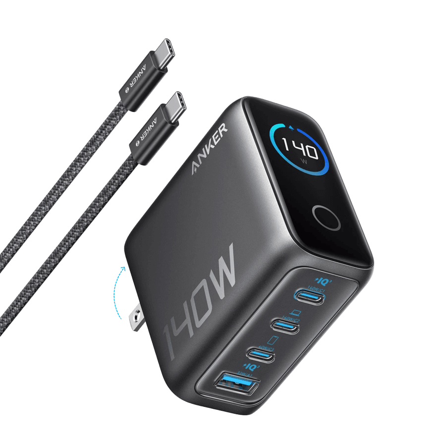 Anker Charger (140W, 4-Port, PD 3.1) with USB-C Cable Gray