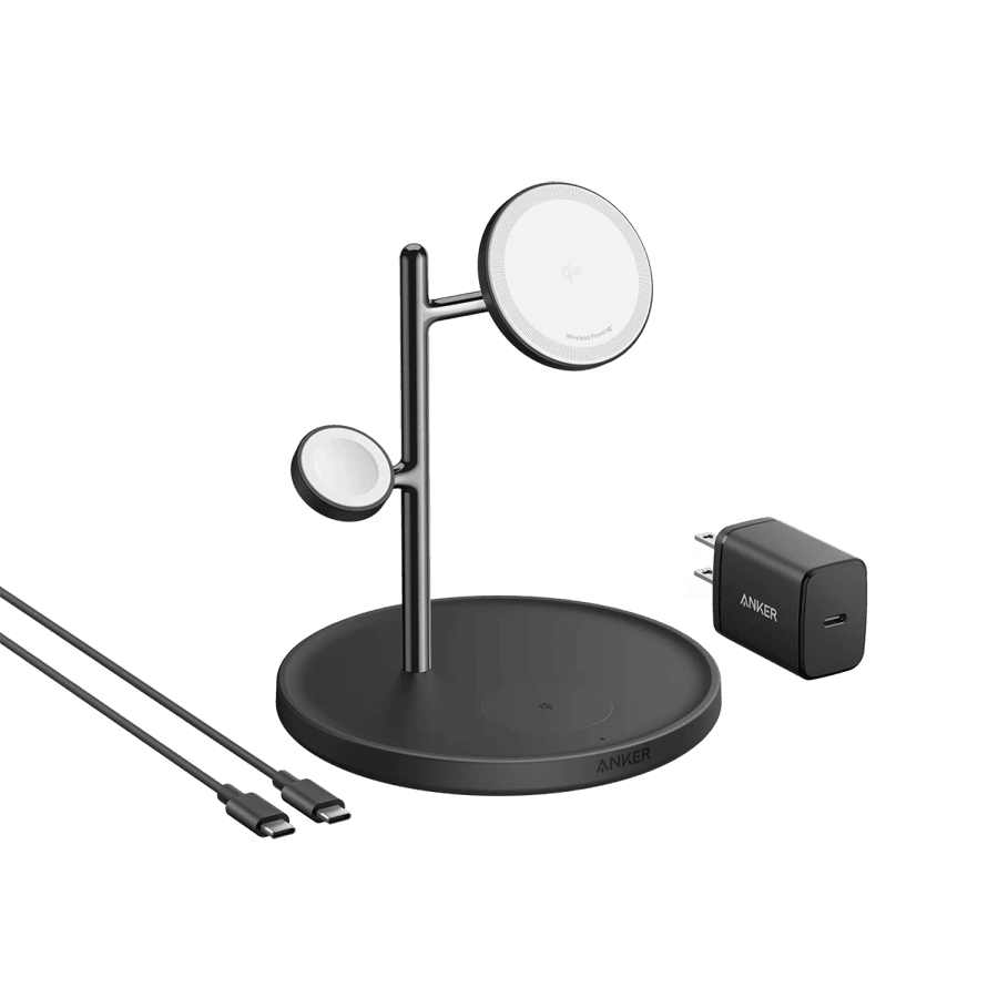 Anker MagGo Wireless Charging Station (15W, 3-in-1 Stand) with cable and charger bundle