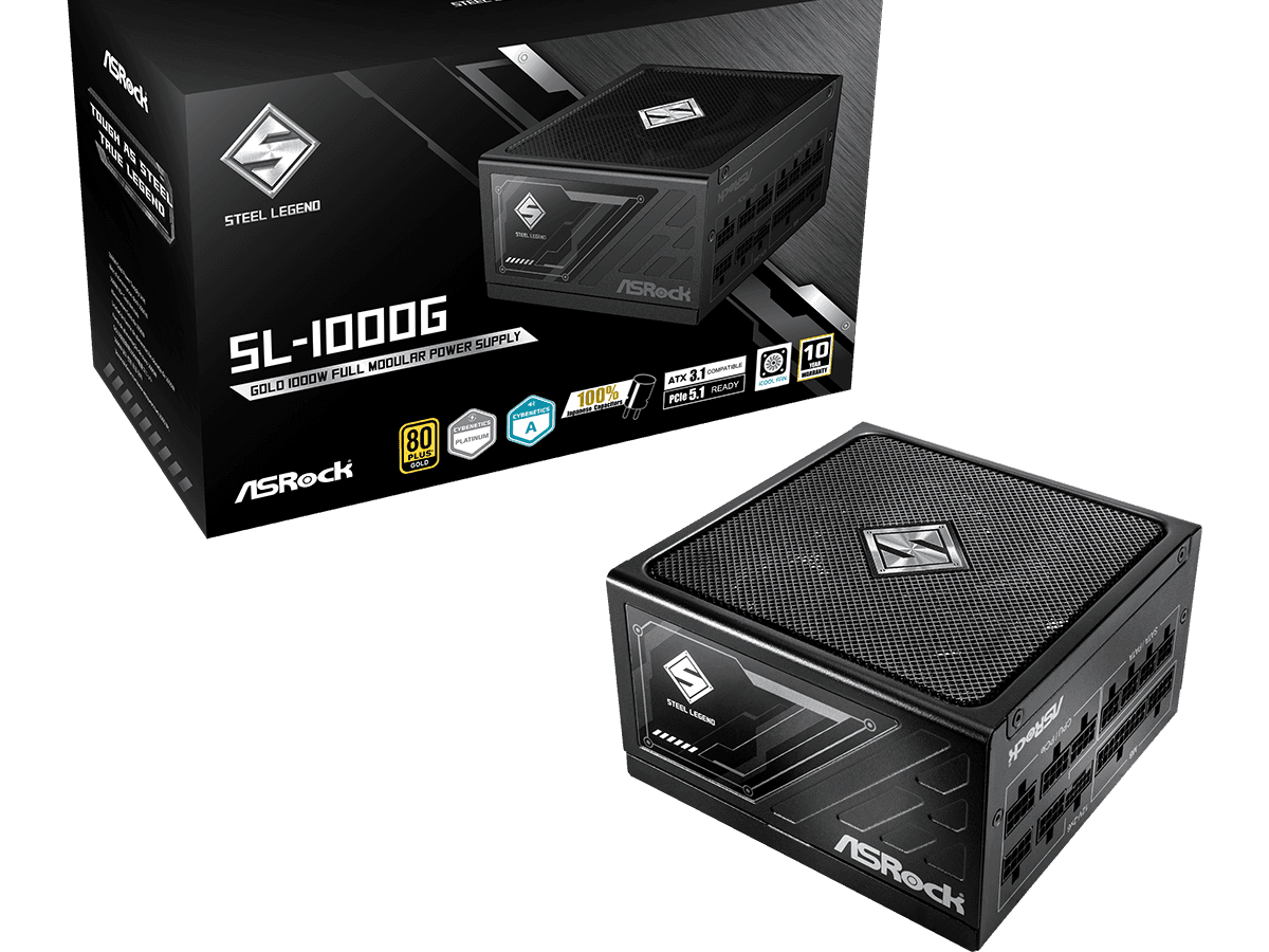 ASROCK PSU 1000W Gold Steel LFully Modular,80PLUS,135mm fanATX 3.1. PCIe 5.1, Japanese Capacitors