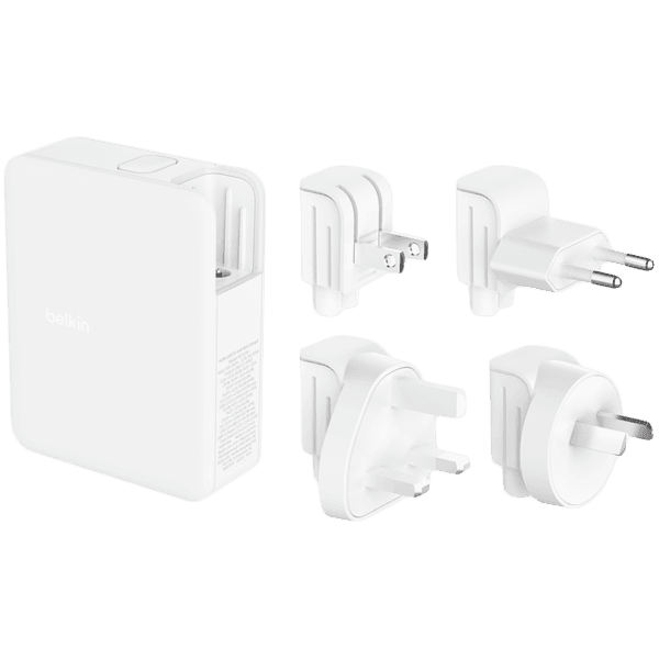 BELKIN 140w 4-ports USB GaN Wall Charger with UK, EU, US plug tips, White