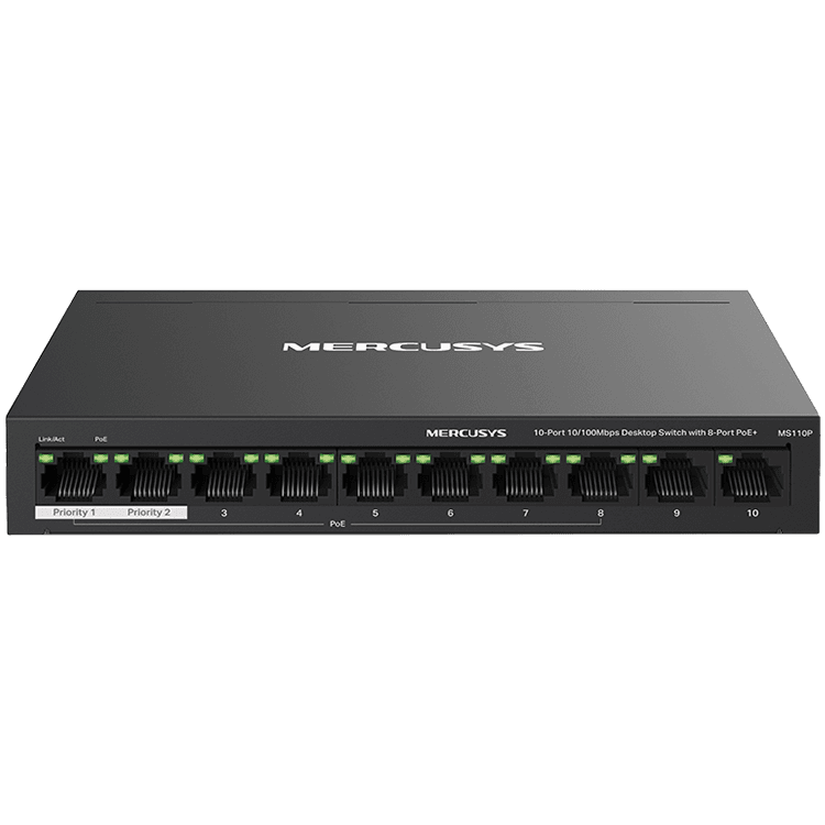 10-Port 10/100Mbps Desktop Switch with 8-Port PoE+PORT: 8× 10/100 Mbps PoE+ Ports, 2× 10/100 Mbps Non-PoE PortsSPEC: Compatible with 802.3af/at PDs, 65 W PoE Power, Desktop Steel Case, Wall MountingFEATURE: Extend Mode for 250m PoE Transmitting,