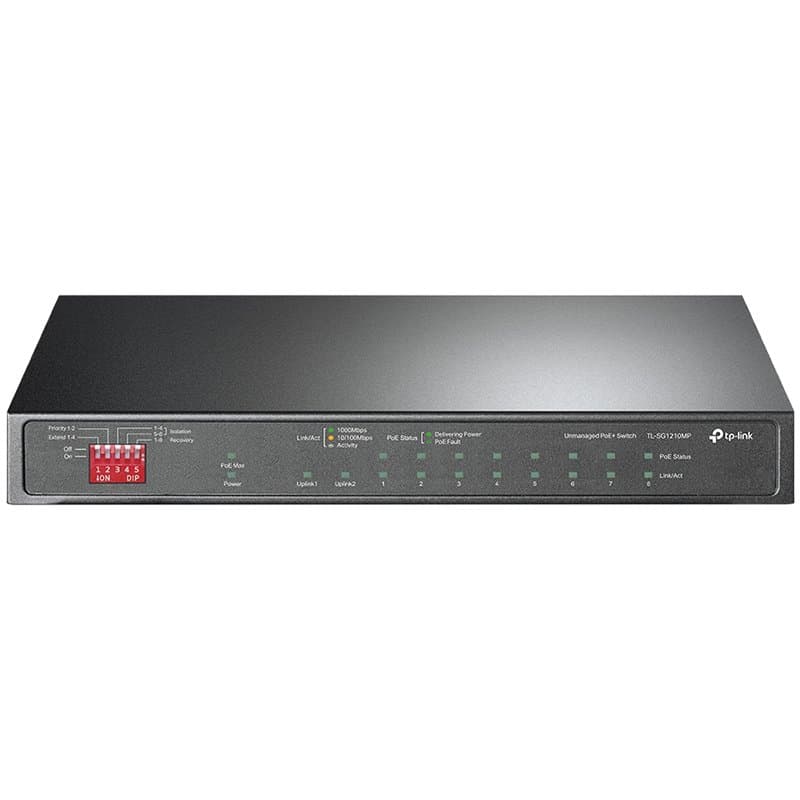 10-Port Gigabit Desktop Switch with 8-Port PoE+PORT: 8× Gigabit PoE+ Ports, 2x Gigabit Non-PoE Ports, 1× Combo Gigabit SFP SlotSPEC: 802.3at/af, 123 W PoE Power, Desktop Steel CaseFEATURE: Extend Mode for 250m PoE Transmitting, Priority Mode for