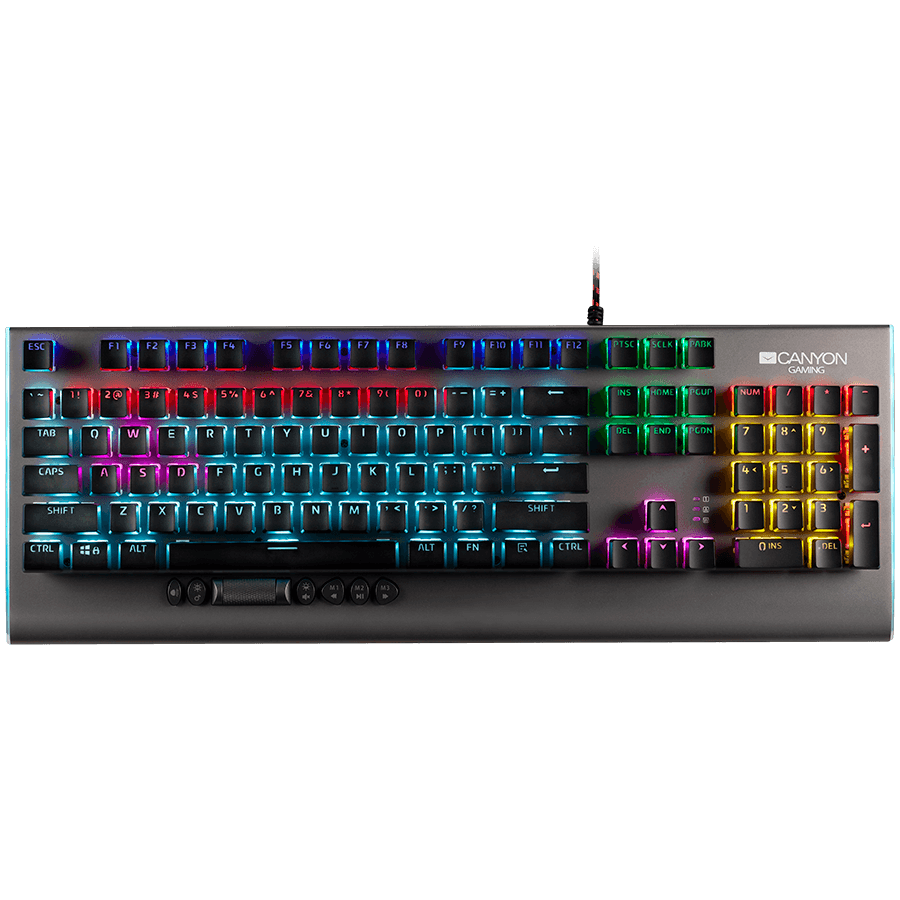 CANYON Interceptor GK-8, Wired multimedia gaming keyboard with lighting effect, 20pcs rainbow LED & 19pcs RGB light, Numbers 104keys, EN double injection layout, cable length 1.8M, 446*160*40mm, 0.98kg, color Dark grey