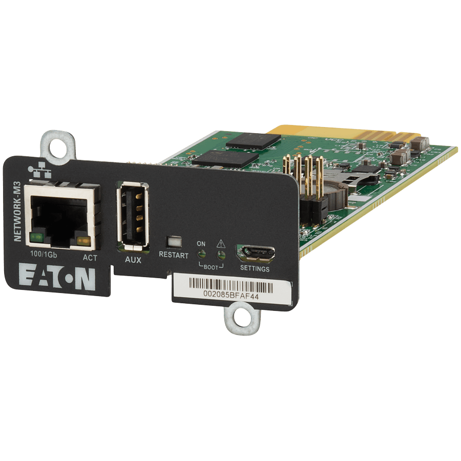 Eaton Network Managment Card - M3; Web/SNMP communications; Ethernet 10/100/1000BaseT; For UPS: 5P, 5PX, 5PX G2, 5SC Rack, 9PX, 9PXM, 9SX, 9130, Ferrups FX, 9E, 93PS, 91PS, 91PS Monoblock, 93E PDU: ATS rack PDU (EATS115, EATS120, EATS220)