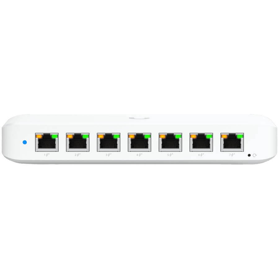Ubiquiti USW-Ultra-210W-EU compact, Layer 2, 8-port GbE PoE switch with versatile mounting options, 7x GbE PoE+ output ports, GbE port with optional PoE++ input, 202W PoE availability with the included AC power adapter
