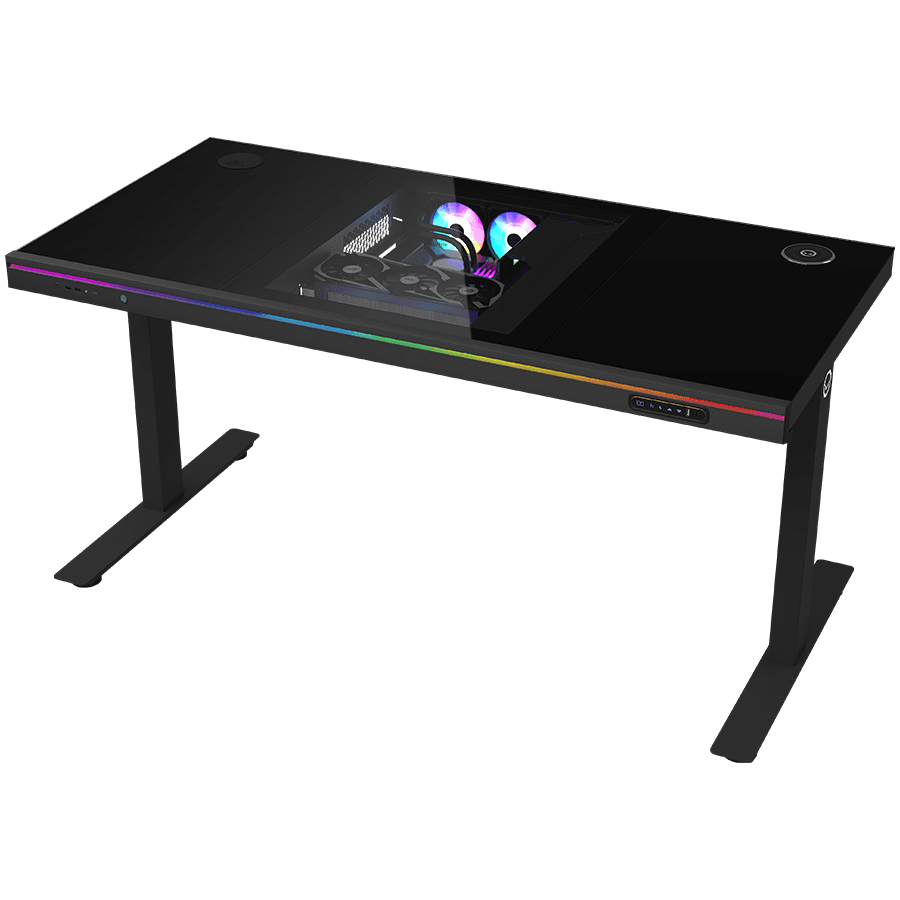Dual-motor sit/stand adjustable-height gaming desk with built-in PC case, wireless charger, RGB lighting, control panel, and USB ports, tempered glass tabletop, black.