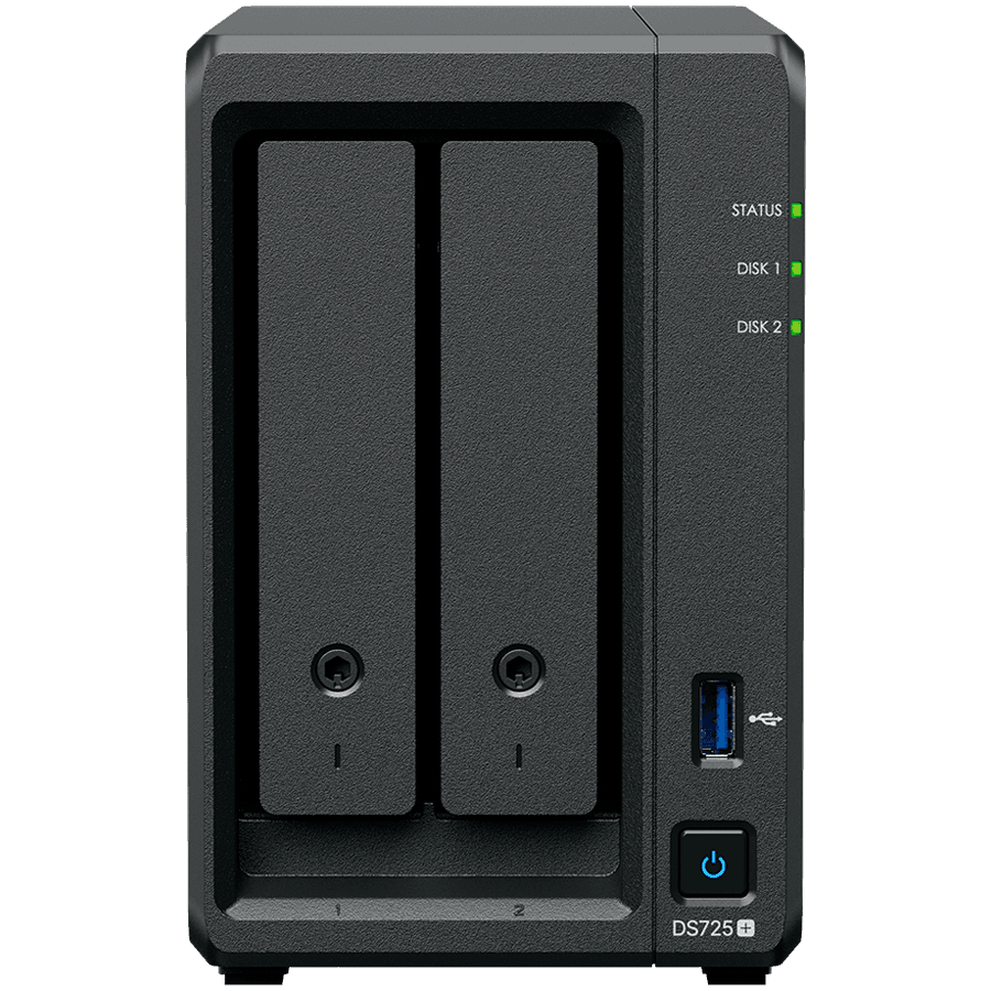 Synology DS725+, Tower, 2-Bays 3.5'' SATA HDD/SSD, 2 x M.2 2280 NVMe SSD, CPU AMD Ryzen R1600 dual-core (4-thread), max. boost up to 3.1 GHz, 4 GB DDR4 ECC SODIMM, 1 x 2.5 GbE, 1 x 1GbE, 1 x USB 3.2, 1 x eSATA USB-C, 1.51 kg, 3y
