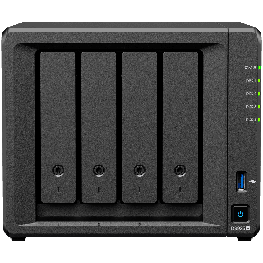 Synology DiskStation DS925+ Tower, 4-Bays 3.5'' SATA HDD/SSD, 2 x M.2 2280 NVMe SSD slot, CPU AMD Ryzen V1500B 4-core 2.2 GHz, 4 GB DDR4 ECC SODIMM, 2x RJ-45 2.5 GbE LAN Port; 2x USB 3.2; 1 xUSB Type-C expansion port; 2.26 kg; 3yr warranty