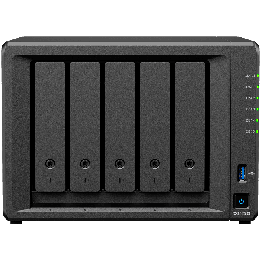 Synology DiskStation DS1525+ Tower, 5-Bays 3.5'' SATA HDD/SSD, 2 x M.2 2280 NVMe SSD slot, CPU AMD Ryzen V1500B 4-core 2.2 GHz, 8 GB DDR4 ECC SODIMM, 2x RJ-45 2.5 GbE LAN Port; 2x USB 3.2; 1 xUSB Type-C expansion port; 2.67 kg; 3yr warranty