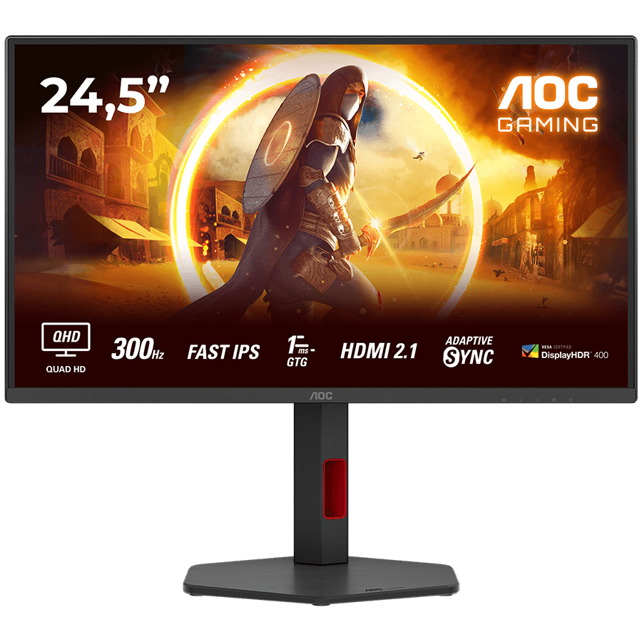 AOC MONITOR Q25G4SR, GAMING 25'', G, 300HZ, FAST IPS, 2560x1440, 0.3 MS, 80M:1, 300 CD/M, TILT, HEIGHT ADJUSTABLE, SWIVEL, PIVOT, 2X HDMI, DISPLAY PORT, 3YW, BLACK-RED