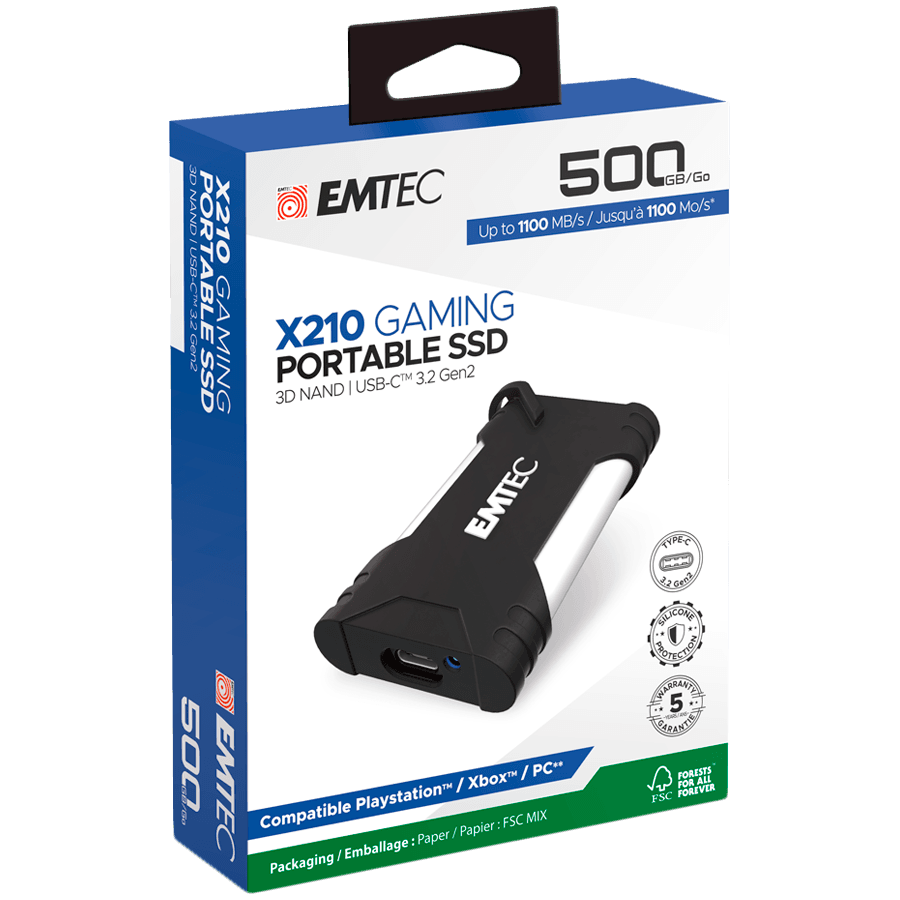 Emtec X210G Portable SSD 500GB, External Gaming SSD, USB-C 3.2 Gen2